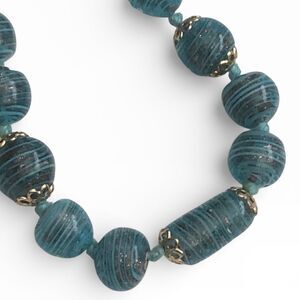 Mid-Century Italian-Style Teal Striped Glass Beaded Necklace